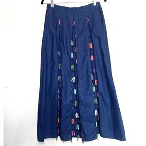 Starfire Denim Skirt Size 12 Blue Multicolored Tassels Pleated Country USA Made